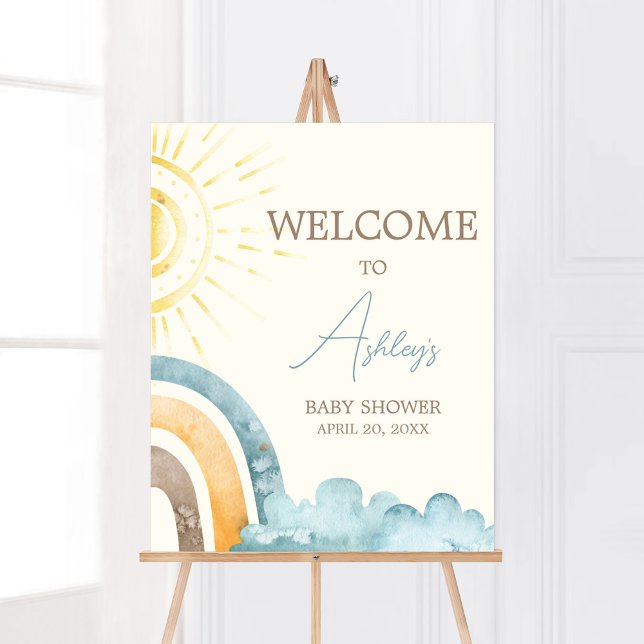 Poster Voici L'Accueil Du Baby shower Son Retro (Boho Here Comes The Sun Baby Shower Welcome Sign)