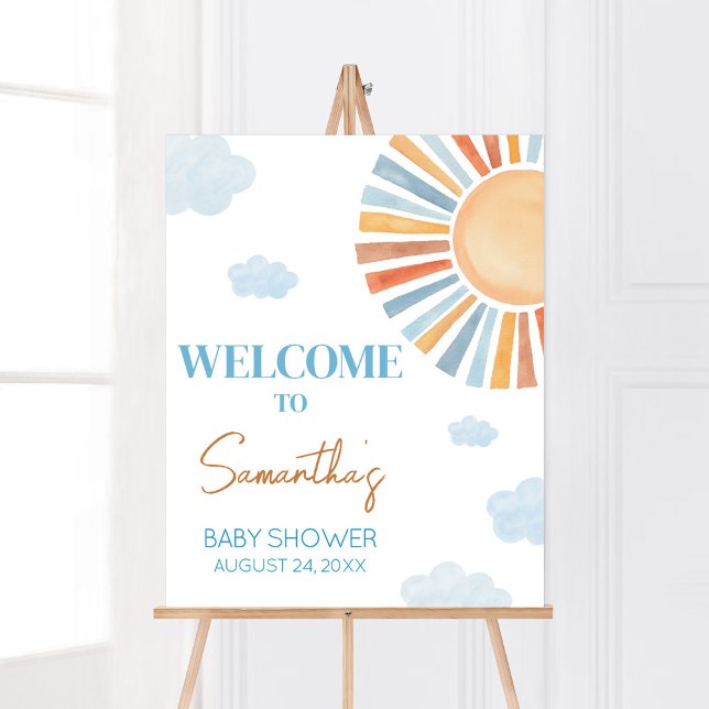 Poster Voici L'Accueil Du Baby shower Sun (Blue Boho Sunshine Baby Shower Welcome Sign)