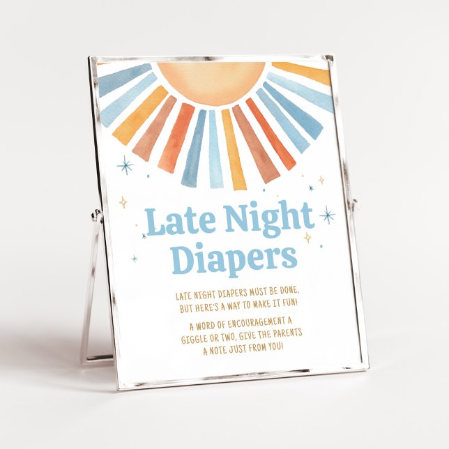 Poster Voici le Baby shower Fils Diapeurs de nuit tardive (Boho Sunshine Baby Shower Late Night Diapers Sign)