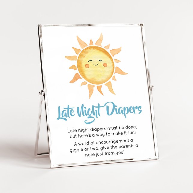 Poster Voici le Son mignon Diapeurs de nuit (Sunshine Here Comes the Son Baby Shower Late Night Diapers Sign)