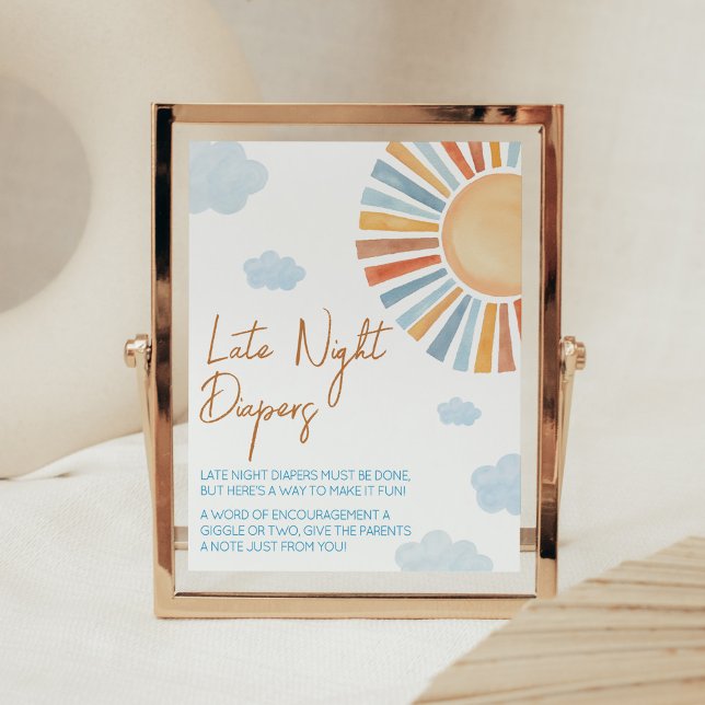 Poster Voici Les Diapeurs De Nuit Du Baby shower Soleil (Blue Boho Sunshine Baby Shower Late Night Diapers Sign)