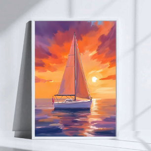 Poster Voile au coucher du soleil   Peinture de l'océan c