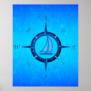 Poster Voilier de bleu d'océan et rose de boussole