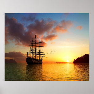 Poster Voilier naviguant au coucher du soleil en été, pho