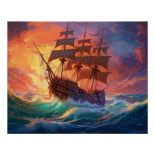 Poster Voilier sur une mer orageuse