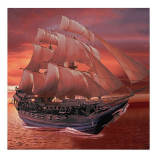 POSTER VOILIERS PARTENT AU COUCHER DU SOLEIL
