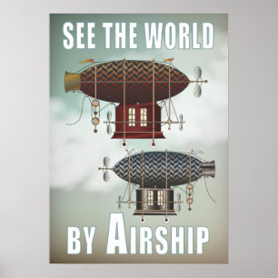 Poster Voir le World Airship Noir Rouge Steampunk Travel