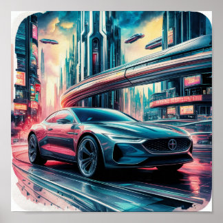 Poster Voiture à la ville futuriste
