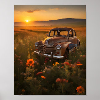 Poster Voiture ancienne dans un champ au coucher du solei