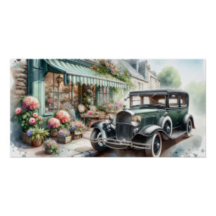 Poster Voiture ancienne et aquarelle charmante de magasin