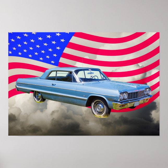 Poster Voiture Chevrolet Impala 1964 Et Drapeau Américain (Devant)