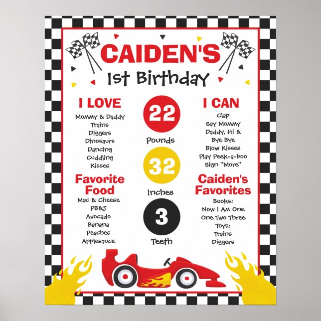 Poster Voiture de course 1er Anniversaire Fête Jalon (Devant)
