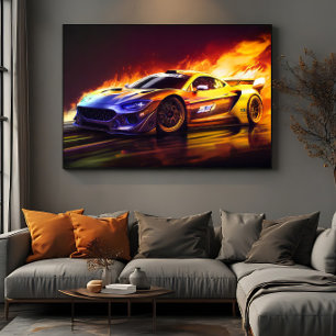 Poster Voiture de sport de course enflammée, art numériqu