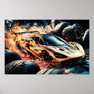 Poster Voiture de sport de course Flame Gold Drifting #3
