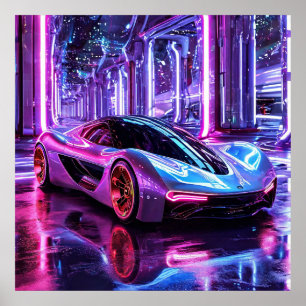Poster Voiture de sport néon futuriste vitesse ville nuit