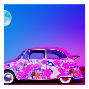 Poster Voiture fleurs rose violet bleu ciel lune bleu art