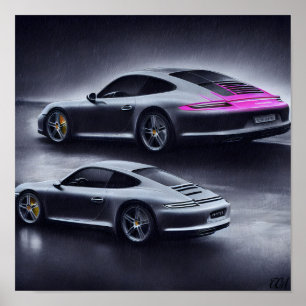 Poster Voiture Silver Porsche sur une nuit pluvieuse