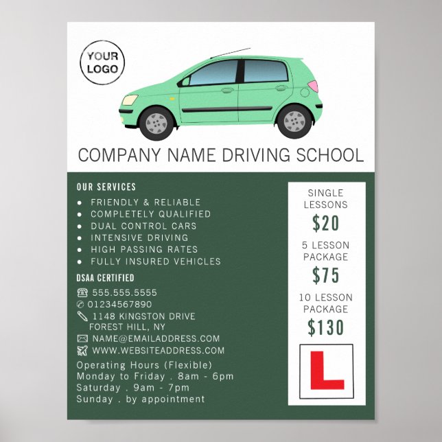 Poster Voiture verte moderne, École de conduite, Instruct (Devant)