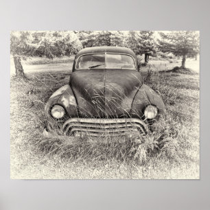 Poster Voiture Vintage Antique Noir Et Blanc Rustique