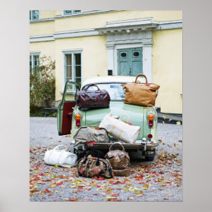 Poster Voiture vintage avec beaucoup de bagages