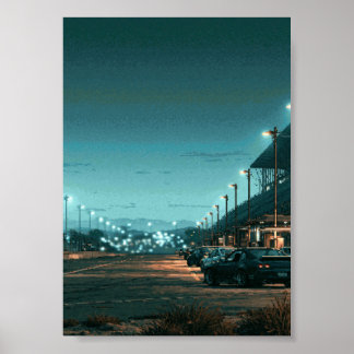 Poster Voitures JDM Rétro en Pixel Art Garées Sous des Lu