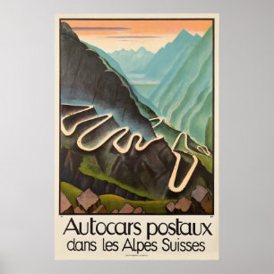 Poster Voitures postales dans les Alpes suisses Voyage vi