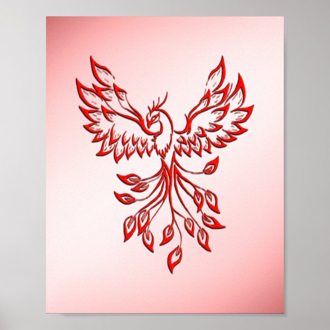 Poster Vol d'un Phoenix rouge sur rose (Devant)