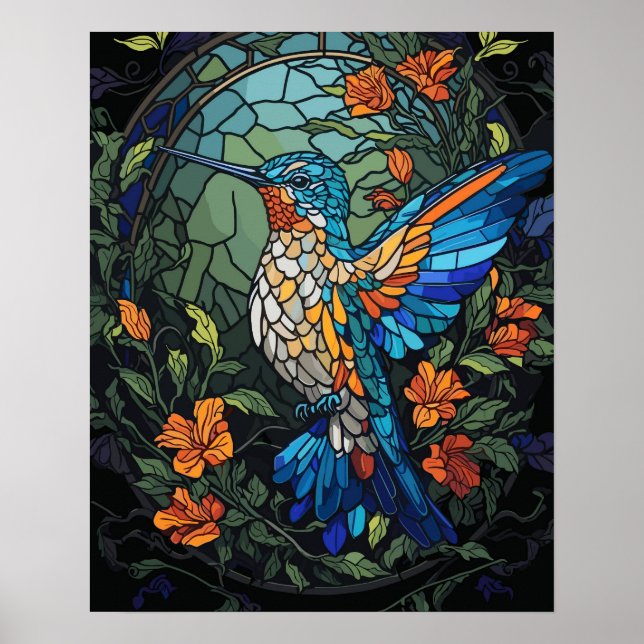 Poster Vol Humming Oiseau Colorful Verre (Devant)