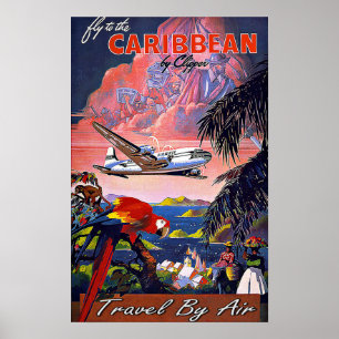 Poster Vol Vintage voyage Vers Les Caraïbes Par Avion