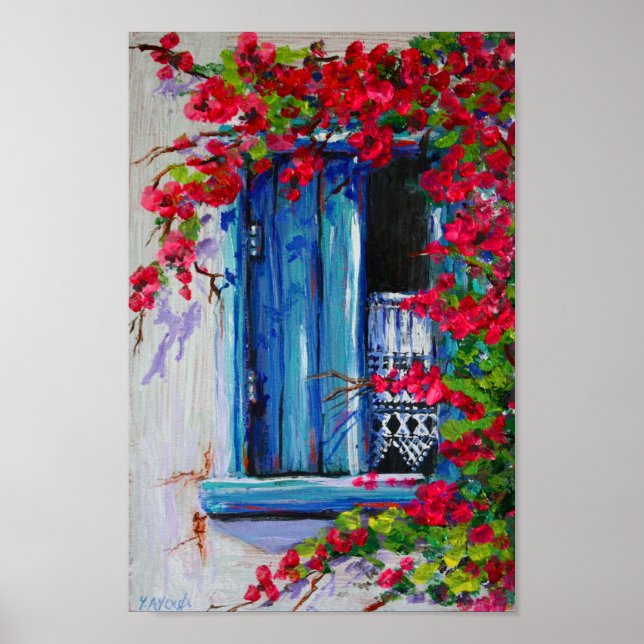 Poster Volets bleus avec Bougainvilliers (Devant)