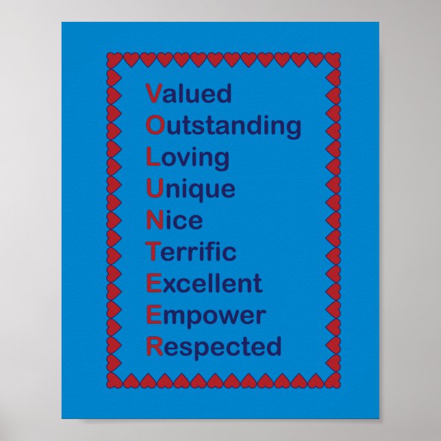 Poster Volontaire Coeurs de typographie bleue et rouge (Devant)