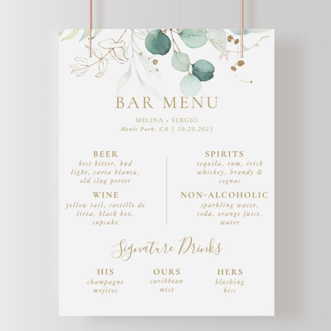 Poster vom Gold Green Eucalyptus Wedding Bar Menu (Von Creator hochgeladen)