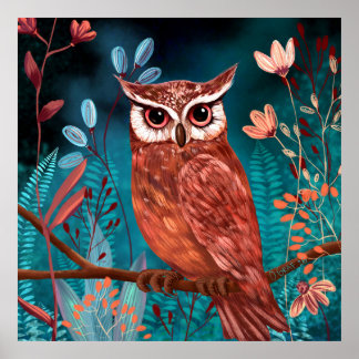 Poster Vom Künstler handillustrierte Eule – Boho Natur
