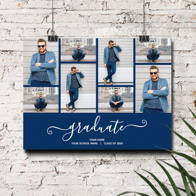 Poster von Multi Foto Navy Blue Graduation Party (Multi Photo Navy Blue Graduation Party Poster, INSTANT DOWNLOAD and/or PRINTED)