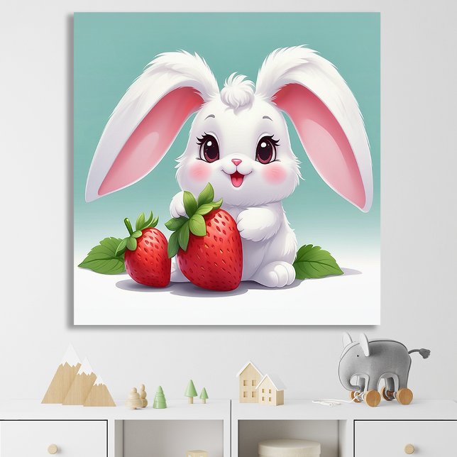 Poster von süßem weißen Kaninchen mit Erdbeeren (Von Creator hochgeladen)