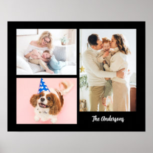 Poster Vos 3 photos de famille & nom sur fond noir