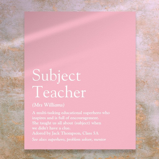 Poster Votre meilleure enseignante jamais Définition Rose (Your Best Teacher Ever Definition Girly Pink Poster)