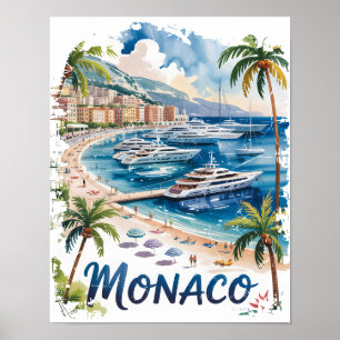 Poster Voyage à Monaco aquarelle vintage sur la Côte d'Az