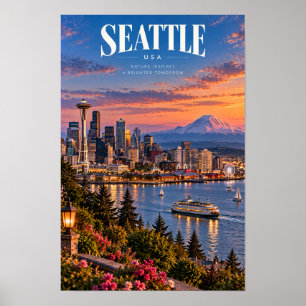 Poster Voyage à Seattle USA Space Needle et Mont Rainier 