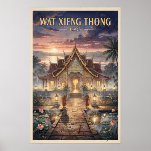 Poster Voyage au Laos vintage Wat Xieng Thong