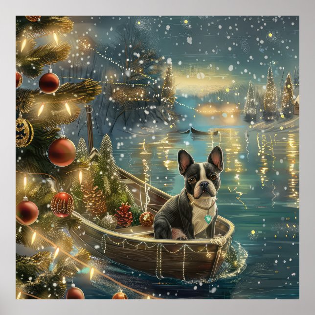 Poster Voyage festif de Noël de Boston Terrier (Devant)