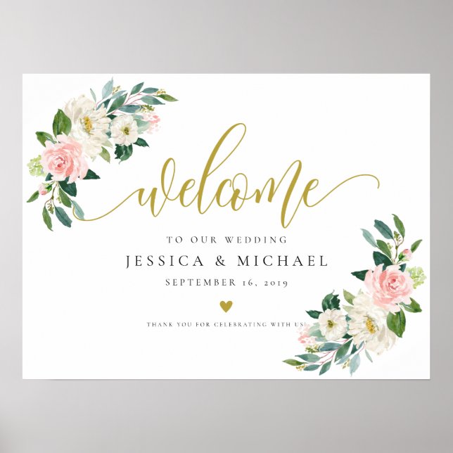 Poster Voyage Floral Blush calligraphie Mariage de bienve (Devant)