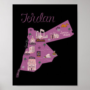 Poster Voyage Jordanie Carte Amman Pétra Mer Morte Famill