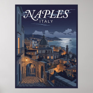 Poster Voyage nocturne à Naples Italie vintage