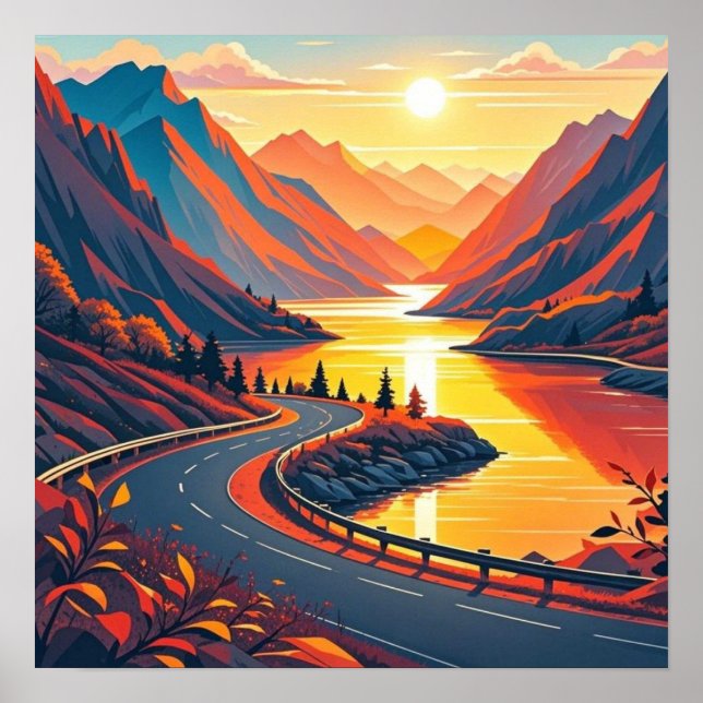 Poster Voyage pittoresque sur route sinueuse, couchers de (Devant)