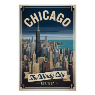 Poster Voyage Rétro à Chicago Illinois, la Ville Venteuse