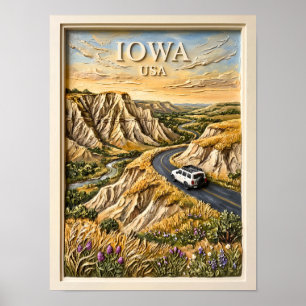 Poster Voyage Rétro à travers l'Iowa dans les Collines de