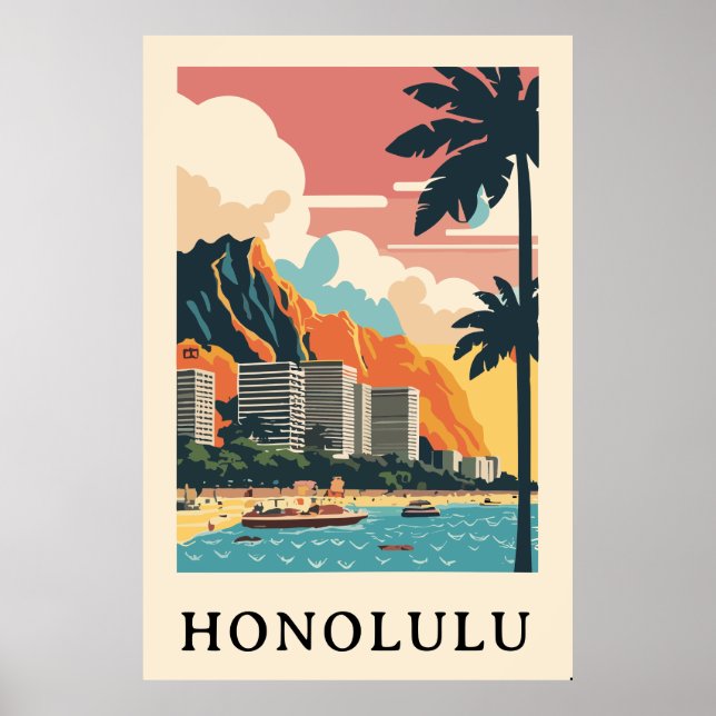 Poster Voyage rétro Honolulu (Devant)