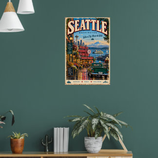 Poster Voyage rétro Seattle Washington Nord-Ouest Pacifiq