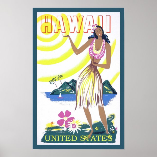 Poster Voyage Vintage Hawaï Dame Hawaïenne (Devant)